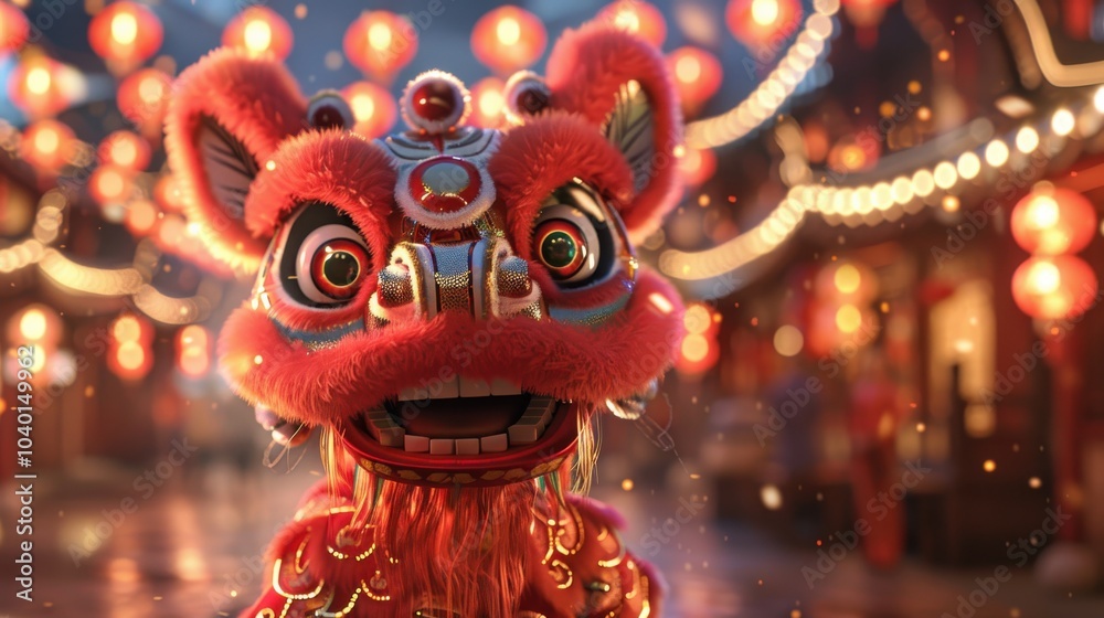 Fototapeta premium Traditional Chinese dragon dance performance during festival. Celebration with red lanterns and festive atmosphere