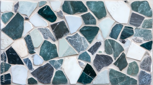 A mosaic surface featuring an array of irregularly shaped green and white stone pieces, creating a textured and artistic pattern. photo