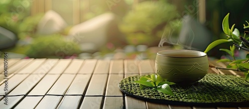 Japanese themed placemat under green tea leaves creating a serene copy space image photo