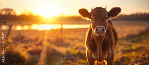 Calf cow standing in a field near a swamp at sunset gazing at the camera with a warm toned lens flare featuring selective focus and a narrow depth of field with space for text or images photo