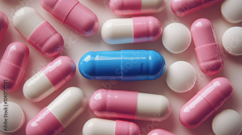 Pills and a white blue capsule on a light background.