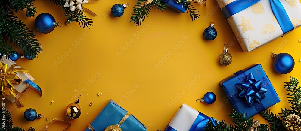 Fototapeta premium A top down view showing festive decorations and gifts on a Christmas themed background in yellow and blue with available copy space image