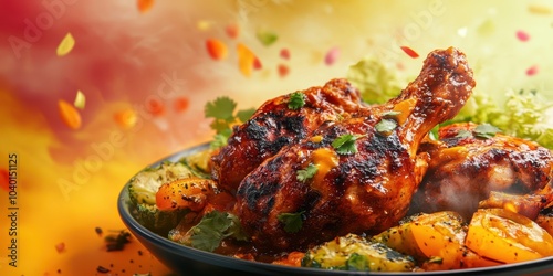 Delicious grilled chicken served with colorful vegetables, vibrant background.
