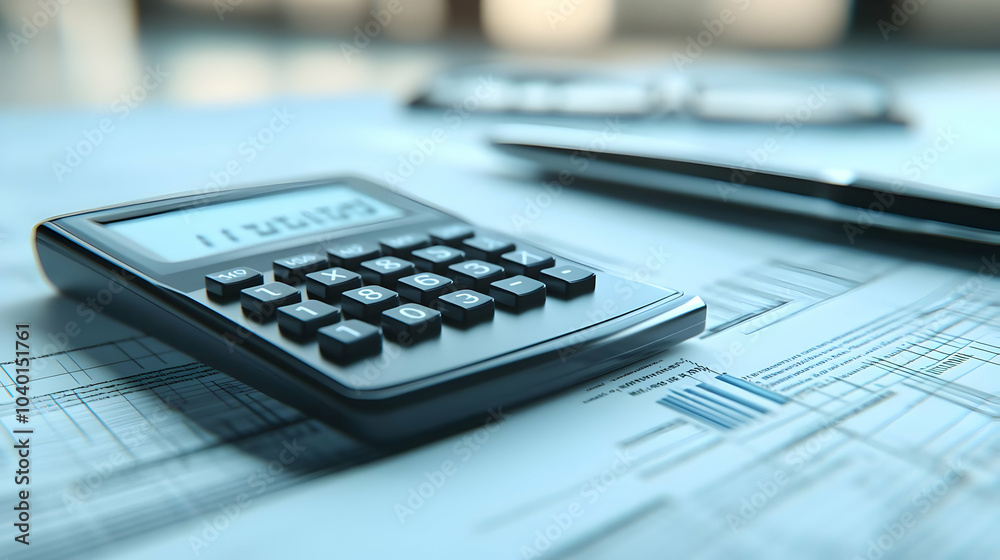 3D Glossy Calculator Pen Financial Documents High Definition Image Copy Space Branding Concept 3D Glossy Calculator Pen Financial Documents High Definition Image Copy Space Branding Concept