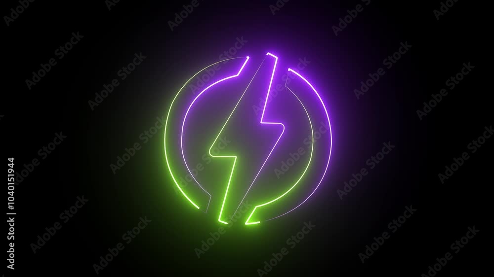Neon bolt lighting neon sign with power effect animation seamless. Looped. Night bright neon sign, green and purple color billboard, light banner. Neon bolt lighting neon sign with power effect animation seamless. Looped. Night bright neon sign, green and purple color billboard, light banner.