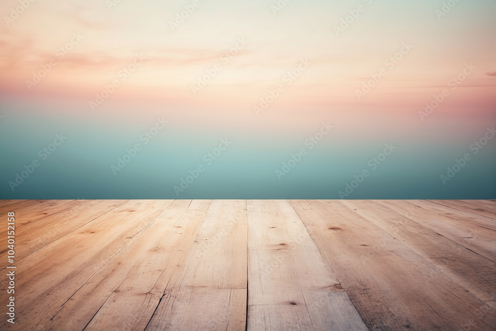 A wooden surface against a soft gradient background of pink and blue A wooden surface against a soft gradient background of pink and blue