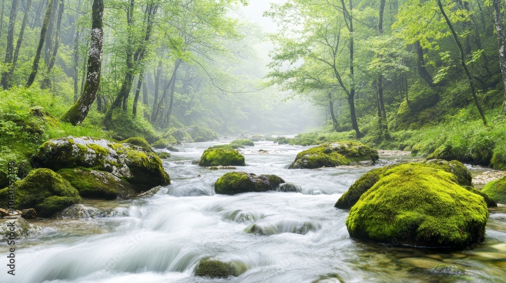 A serene forest river flows gently through lush greenery, with moss-covered rocks lining its banks, creating a tranquil natural scene. A serene forest river flows gently through lush greenery, with moss-covered rocks lining its banks, creating a tranquil natural scene.
