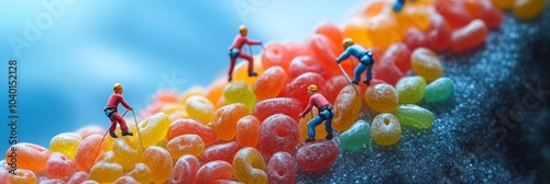 Miniature adventurers ascending a colorful mountain of jellybeans, vibrant candy landscape, playful and whimsical exploration photo