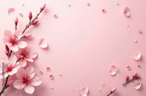 light pink background with spring leaves and flowers