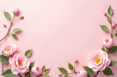 light pink background with spring leaves and flowers