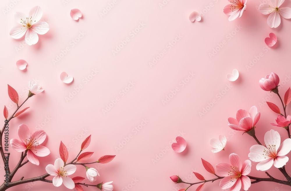 light pink background with spring leaves and flowers light pink background with spring leaves and flowers