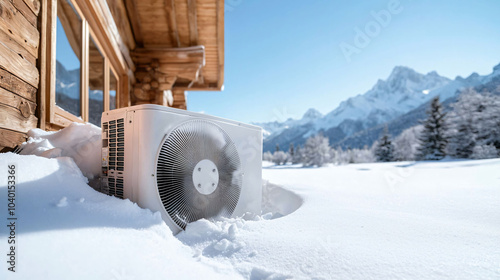 half buried air conditioning unit in snow outside cozy cabin, surrounded by mountains photo