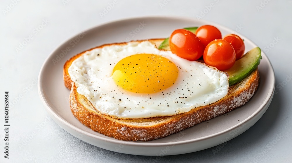 Delicious breakfast toast with fried egg and cherry tomatoes Delicious breakfast toast with fried egg and cherry tomatoes