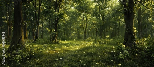 Summer s beauty can be seen in the lush greenery of a forest with leaves rustling amidst the trees providing a serene landscape with a copy space image