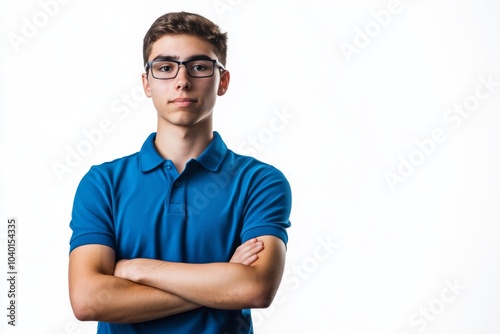 the young guy in blue polo t-shirt on white background