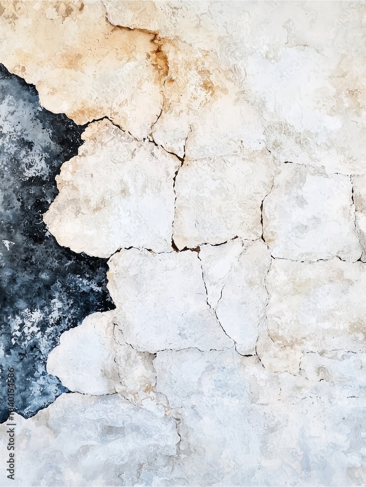 A textured surface showing cracked and peeling paint, featuring dark and light tones that create an abstract, weathered look.