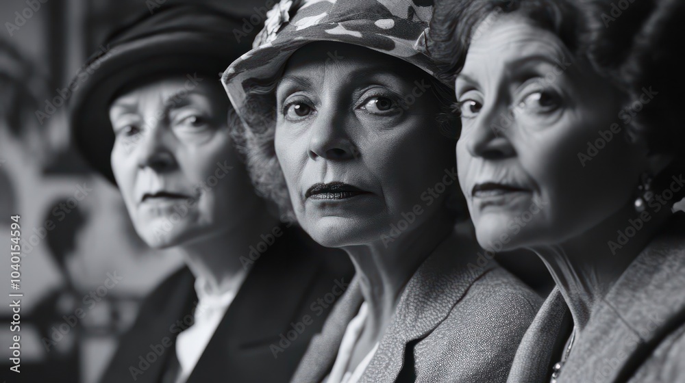 Historic black and white image of three women advocating for women's right to vote Historic black and white image of three women advocating for women's right to vote