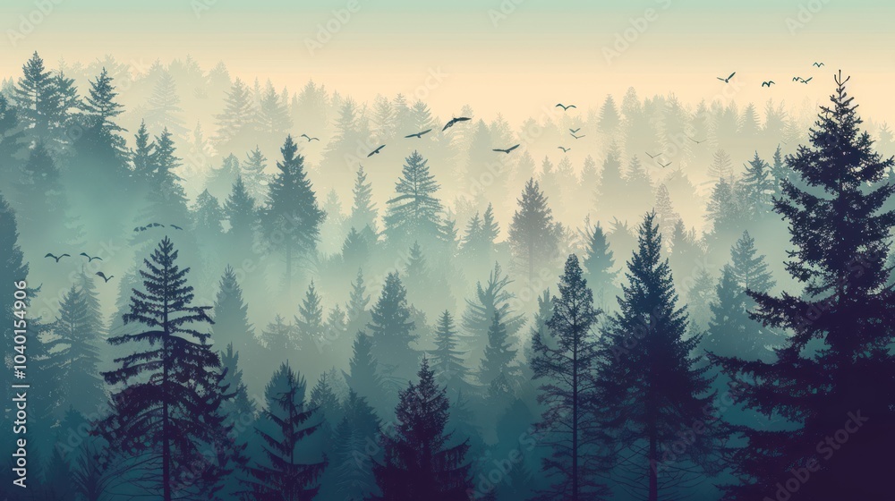 Obraz premium Misty pine forest with birds flying overhead at dawn. Nature and outdoor landscape concept for design and print.