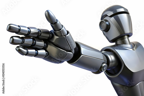 Glossy Robot Hand Pointing Forward on Black Background - Conceptual Image for AI Directing Business Operations in Futuristic Marketing Campaigns, Ample Copy Space for Creative Use