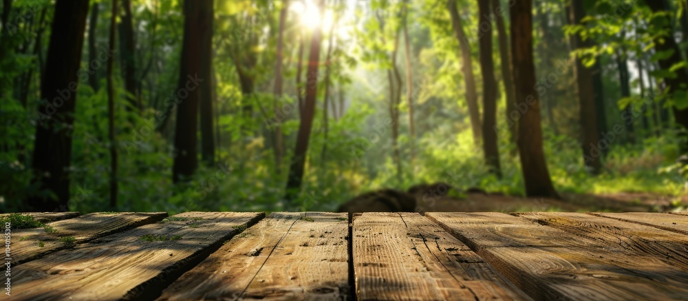 A wood table with a blurred green forest background providing copy space for advertising products A wood table with a blurred green forest background providing copy space for advertising products