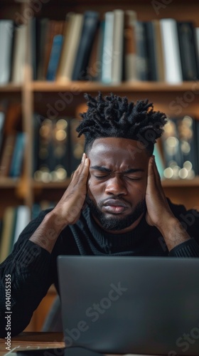 A tired man with dreadlocks sits before a laptop, looking stressed. Bookshelves filled with books behind him.