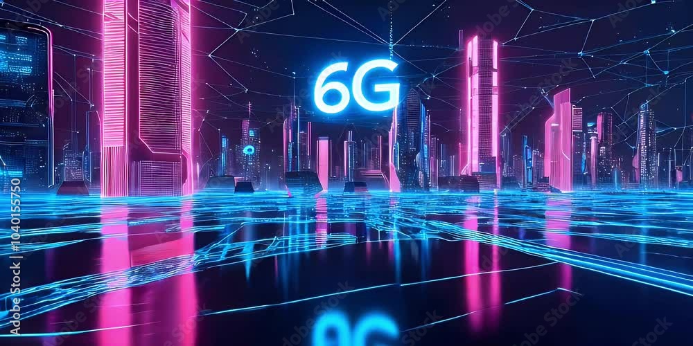 Futuristic city skyline with neon lights and a 6G sign, signifying technological advancement.