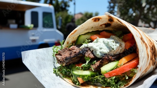 A close-up of a delicious gyro with grilled meat, fresh vegetables and creamy sauce,  wrapped in a warm pita bread. The background features a food truck.