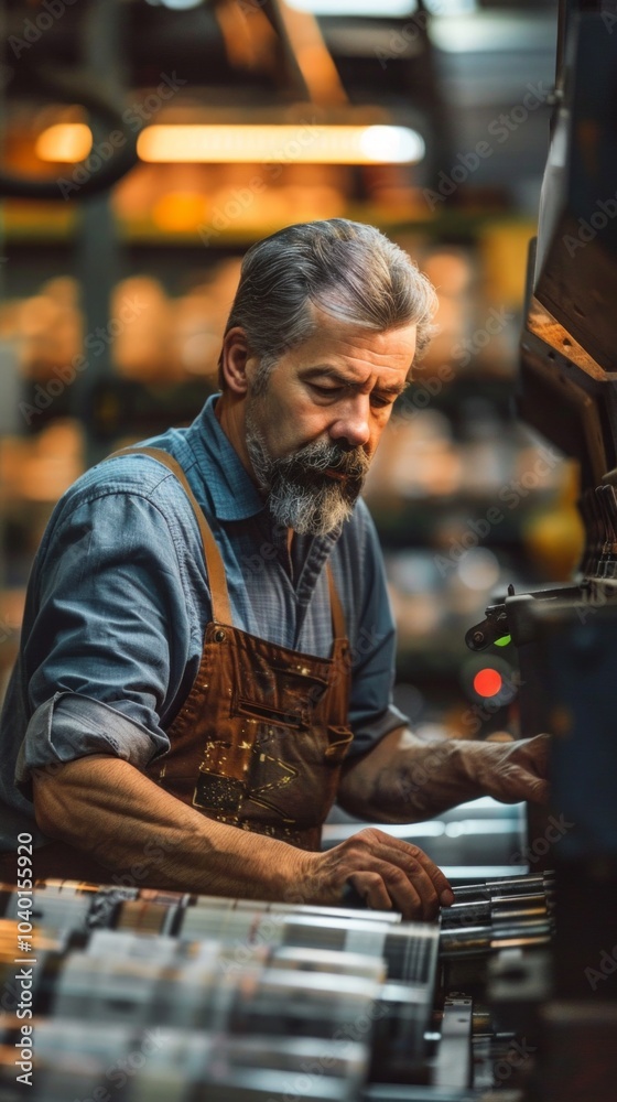Image shows middle-aged man in workshop, focused on metal work. Lit by yellow light, he wears blue shirt and brown apron. Scene conveys dedication to craftsmanship in industrial setting. Image shows middle-aged man in workshop, focused on metal work. Lit by yellow light, he wears blue shirt and brown apron. Scene conveys dedication to craftsmanship in industrial setting.