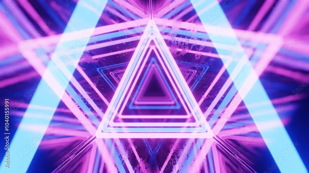 triangular tunnel. Fly through mirror tunnel with neon pattern, glow lines form sci fi pattern. Bright reflection neon light. Simple bright background, sci fi structure. 4k seamless looped animation. triangular tunnel. Fly through mirror tunnel with neon pattern, glow lines form sci fi pattern. Bright reflection neon light. Simple bright background, sci fi structure. 4k seamless looped animation.