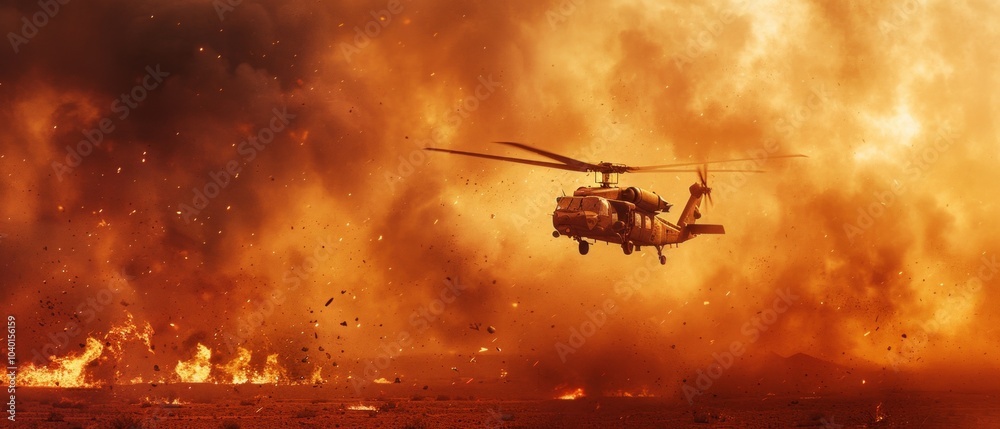 A low-flying helicopter in a smoky, fiery sky over a desert landscape, indicating an urgent military or rescue operation. A low-flying helicopter in a smoky, fiery sky over a desert landscape, indicating an urgent military or rescue operation.