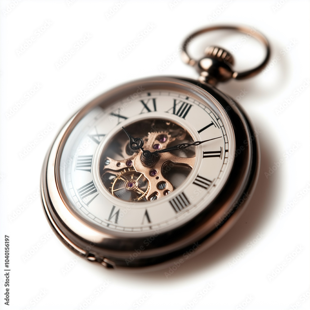 A gold and white pocket watch with roman numerals on the face. The roman numerals are arranged in a circle around the clock face A gold and white pocket watch with roman numerals on the face. The roman numerals are arranged in a circle around the clock face