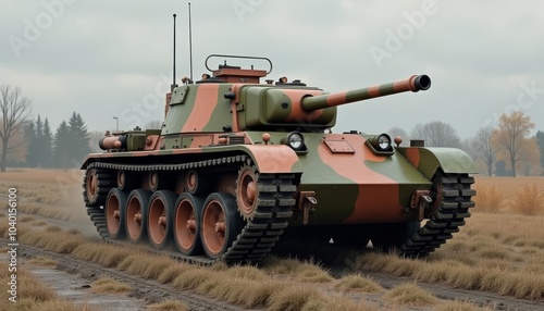  Military might on the move  A camouflaged tank traverses a field