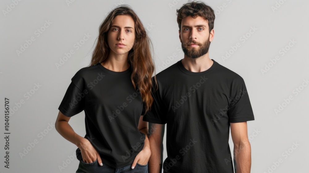 A man and woman stand side by side in black t-shirts, looking serious. Woman with hand in pocket. Minimal background emphasizes attire and expressions. A man and woman stand side by side in black t-shirts, looking serious. Woman with hand in pocket. Minimal background emphasizes attire and expressions.