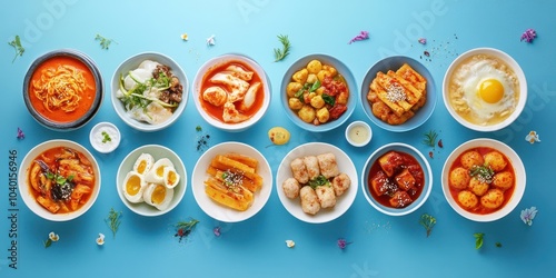 Variety of delicious dishes served in bowls on a vibrant blue background.