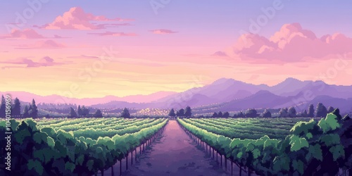 Vast vineyard landscape under a colorful sunset sky with mountains in the background.