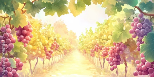 Vineyard landscape with ripe grapes, soft sunlight shining through leaves.