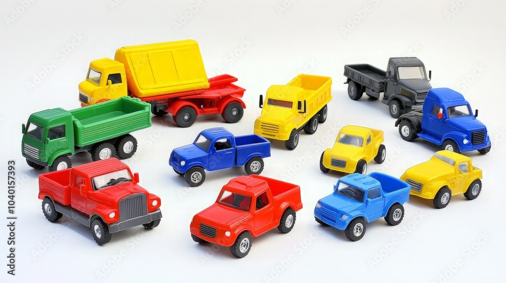 A collection of colorful toy trucks on a white background. (1) A collection of colorful toy trucks on a white background. (1)