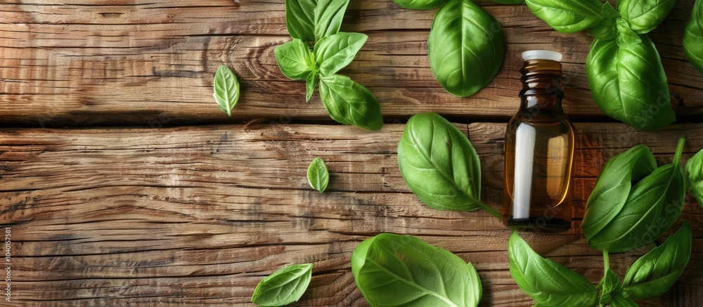 Basil essential oil displayed on a textured wooden surface accompanied by fresh leaves for aromatherapy and medicinal herb use with a designated area for text in the copy space image Basil essential oil displayed on a textured wooden surface accompanied by fresh leaves for aromatherapy and medicinal herb use with a designated area for text in the copy space image