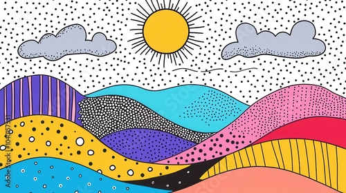 Abstract colorful hills landscape with clouds and sun, simple lines and shapes, doodle art style, flat illustration