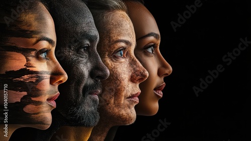 Human face made from portrait of different people of diverse age, gender and race over black background. Concept of social equality, human rights, freedom, diversity, acceptance