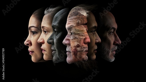 Human face made from portrait of different people of diverse age, gender and race over black background. Concept of social equality, human rights, freedom, diversity, acceptance