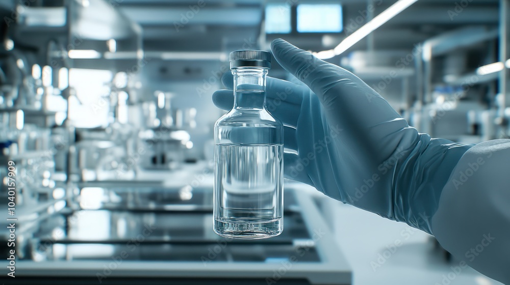 Human hand in glove holding flask bottle in modern labaratory, close-up photo Human hand in glove holding flask bottle in modern labaratory, close-up photo