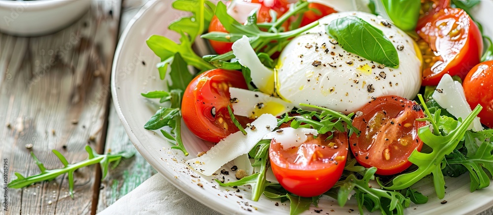 Fresh burrata salad displayed on a white wooden table photographed up close with ample copy space image Fresh burrata salad displayed on a white wooden table photographed up close with ample copy space image