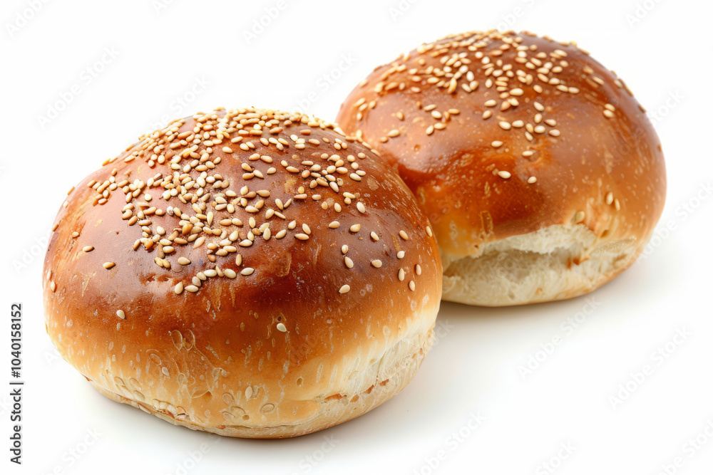 Soft buns sprinkled with sesame seeds. Burger bun with sesame seeds on white background Soft buns sprinkled with sesame seeds. Burger bun with sesame seeds on white background