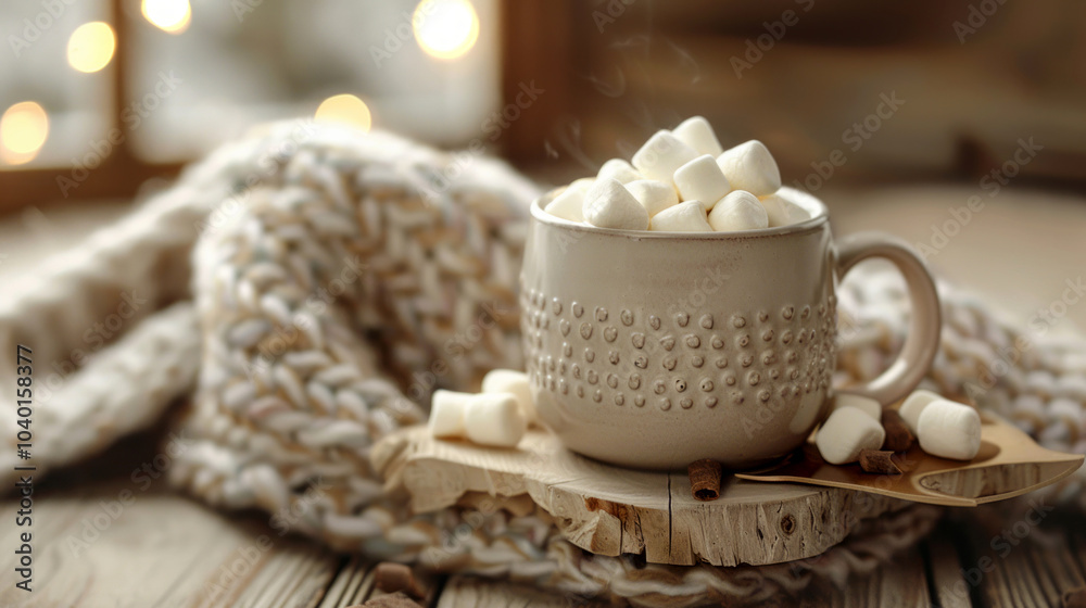 Cup of chocolate drink, adorned with whipped cream with marshmallows, on a wooden table. Cup of chocolate drink, adorned with whipped cream with marshmallows, on a wooden table.