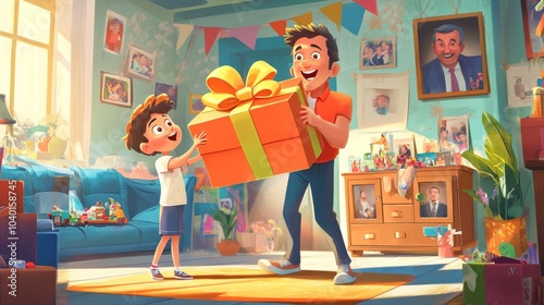 Image of a boy giving a large orange gift box to his father. The scene takes place in a cluttered living room with a sofa, a potted plant, and several paintings on the walls. Father's day concept