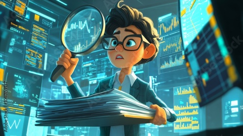 A business analyst is holding a magnifying glass and looking at a stack of papers. The scene is set in the office with multiple monitors on the walls