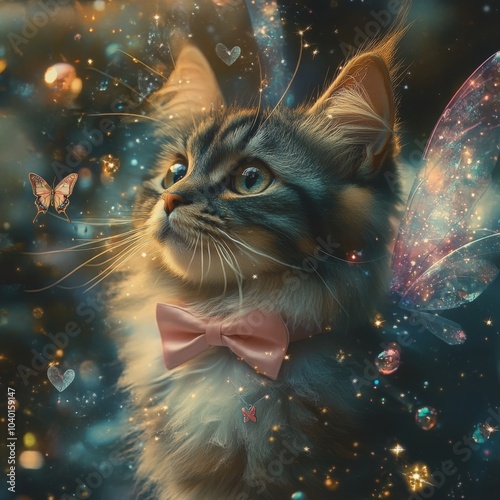 Magical Winged Cat with Antennae in Dreamy Background