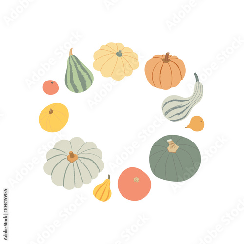 Pumpkin wreath vector illustration. Variety of pumpkins, squashes and gourds in flat style isolated on white background. Circle composition with harvest vegetables
