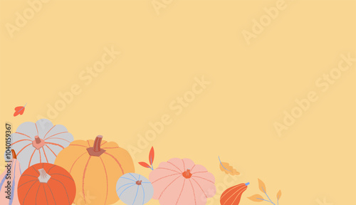 Thanksgiving background with pumpkins in modern flat style. Illustration of squashes and gourds with autumn leaves on yellow background